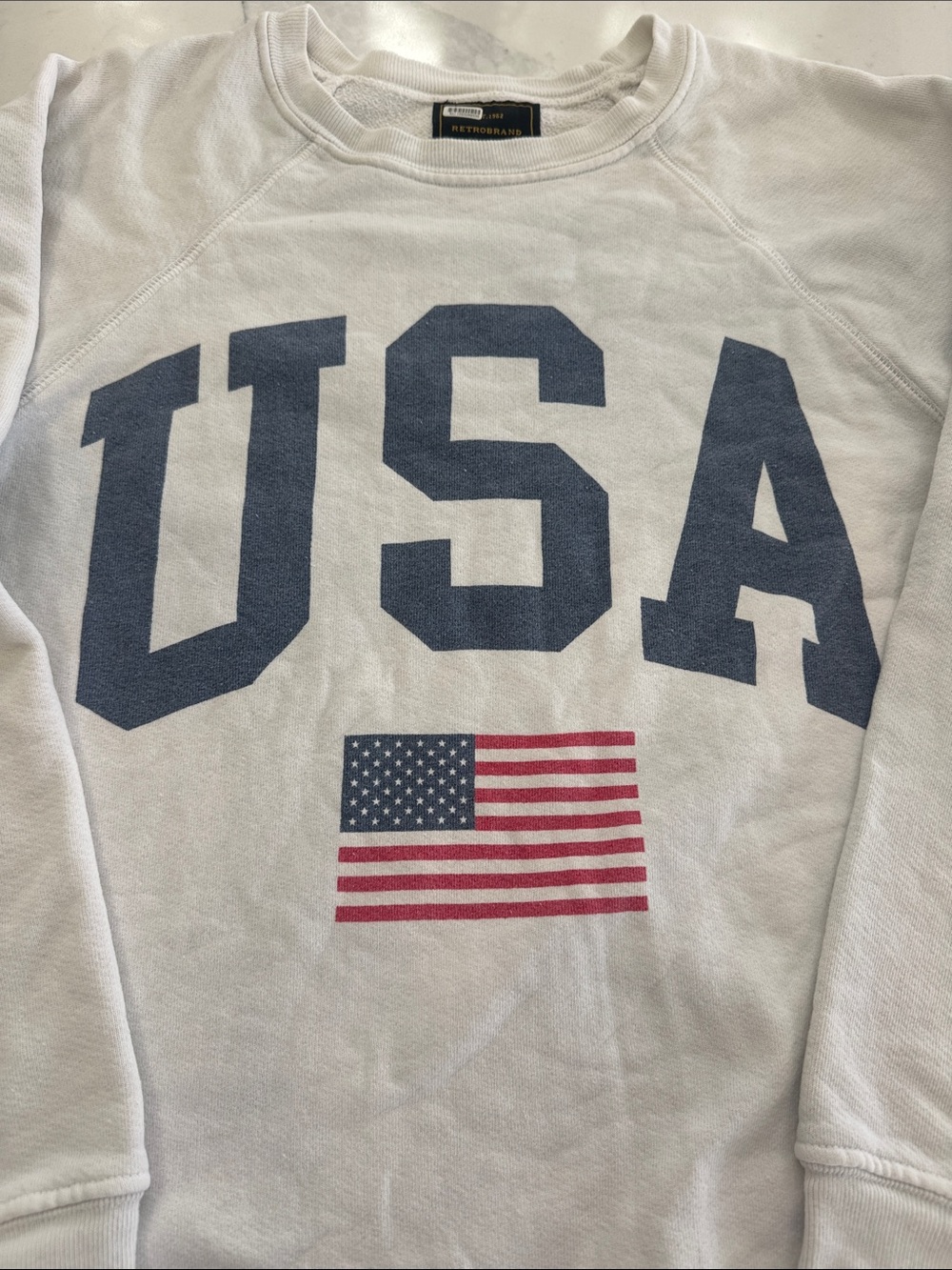 Original Retro Brand White USA Sweatshirt with Blue Lettering and Red Flag - Picture 5 of 5